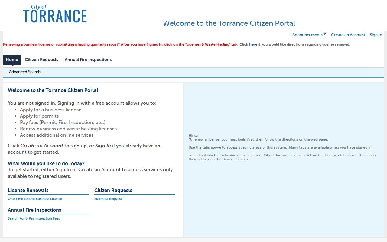Torrance street directory reference image of Torrance Citizen Access permit search